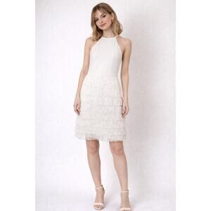 Aidan Mattox Ivory Crepe Sleeveless Halter Cocktail Multi Tier Fringe Dress | 4